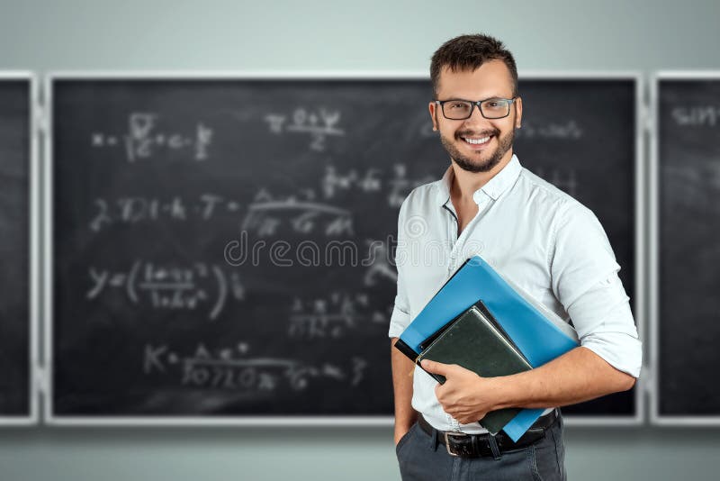 portrait young male teacher background school blackboard teacher s day knowledge day back to school study 159722312